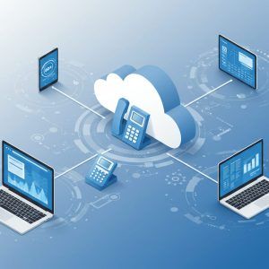 Infraestrutura PABX Cloud integrando telefones IP, notebooks e smartphones para comunicação empresarial unificada