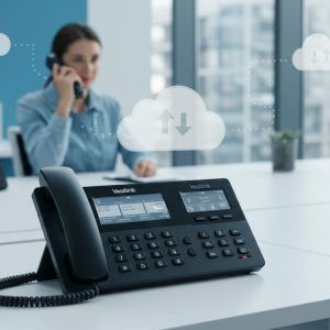 Sistema PABX Cloud com telefones IP Yealink e Grandstream em escritório corporativo moderno - Comunicação empresarial profissional